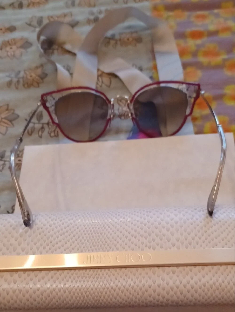 Jimmy Choo Burgundy Cat-Eye Sunglasses with Gold Filigree